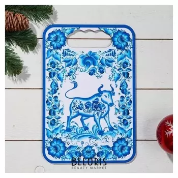 Доска разделочная "Бычок. гжель", дерево, 18х27 см