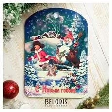 Доска разделочная сувенирная "С новым годом. дети и снеговик", 27,5х19,5см