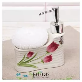 Дозатор для моющего средства 220 мл с губкой "Бабочка на тюльпане"