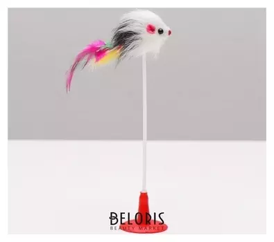 Дразнилка мышь на присоске, искусственный мех с перьями, 20 см