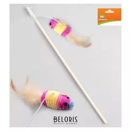 Дразнилка с махровой мышкой (7 см) на деревянной палочке, 40 см