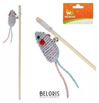 Дразнилка-удочка с мышью на деревянной ручке, микс цветов