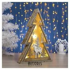 Фигура дерев. "Ёлка и олененок", 30х20х5 см, Aa*2 (Не в компл.), 5 Led, т/белый