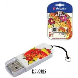 Флэш-диск 8 GB, VERBATIM Mini Tattoo Edition KOI FISH, USB 2.0, белый с рисунком