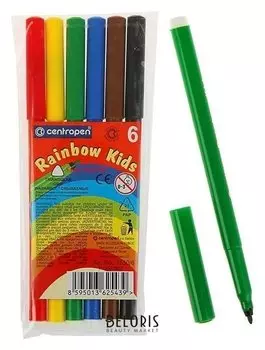 Фломастеры 6 цветов Rainbow Kids, эргономичная зона обхвата, смываемые, вентилируемый колпачок, толщина линии 1 мм