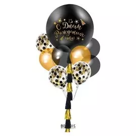 Фонтан из шаров "Черное золото", гирлянда, наклейки, конфетти, 16 предметов в наборе