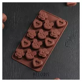 Форма для льда и шоколада "Мишка, цветок, сердце", 14 ячеек, цвет шоколадный