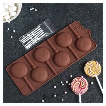 Форма для леденцов и мороженого «Смайл», с палочками, 6 ячеек (D=4 см), 24×9,5 см