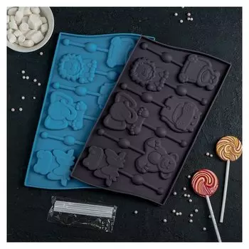 Форма для леденцов и мороженого «Звери», 6 ячеек, с палочками, цвет шоколадный