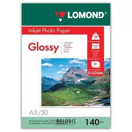 Фотобумага для струйной печати БОЛЬШОГО ФОРМАТА, A3, 140 г/м2, 50 листов, односторонняя глянцевая, LOMOND