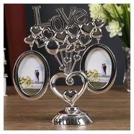 Фоторамка «Любовь и шарики-сердечки», на 2 фото 5×6,4 см, серебро