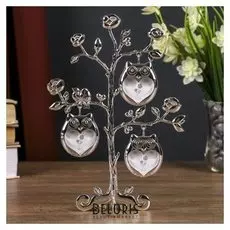 Фоторамка металл на 3 фото 3,8х3,3 см "Совята" серебро 22,3х8,5х16,5 см