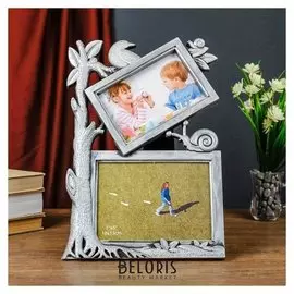 Фоторамка пластик на 2 фото: 10х15 и 13х18 см "Дерево и улитка" тёмное серебро 33,5х23 см