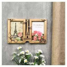 Фоторамка пластик на 2 фото 10х15 см "Эйфелева башня и чайки" золотая с белым 17,5х28х3 см