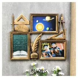 Фоторамка пластик на 3 фото 10х15 см "Линейки и циркуль" золото 28х34х3 см