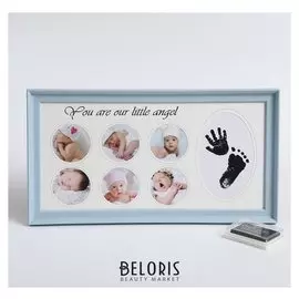 Фоторамка пластик на 6 фото 5,5х5,5 см с штемп.подушкой "Малыш" голубая 20,5х38 см