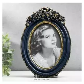 Фоторамка полистоун 10х15 см "Бант и розы" синяя с золотом 22х15 см