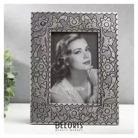 Фоторамка полистоун 10х15 см "Цветы и пышные листья" серебро 22х17 см