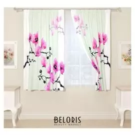 Фотошторы кухонные «Сакура в акварели» 145х160см- 2 шт