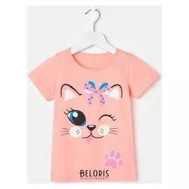 Футболка для девочки, цвет оранжевый/киса, рост 92 см (52)