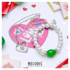 Гарнитур+открытка 2 предмета: кулон, браслет Каролина, классика, цвет бело-зелёный в серебре, 40 см