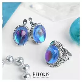 Гарнитур посеребрение 2 предмета: серьги, кольцо, ажур "Опал", цвет синий, 18 р-р