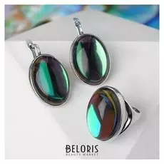 Гарнитур посеребрение 2 предмета: серьги, кольцо "Опал" малый, цвет зелёный, 18 р-р