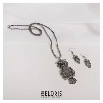 Гарнитур: серьги, кулон "Сова", цвет чернёное серебро, L=60