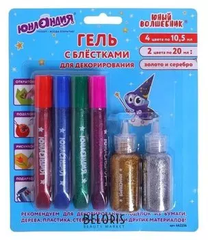 Гель с блёстками в тубе набор 6цв (4цв*10,5мл + 2цв*20мл) юнландия, блистер 662256