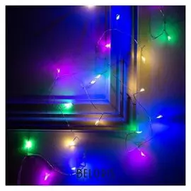 Гирлянда "Мишура" 1 м роса, Ip20, серебристая нить, 20 Led, свечение мульти, фиксинг, 2 х Cr2032