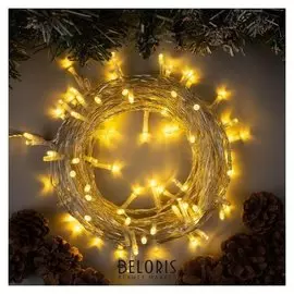 Гирлянда "Нить" 10 м, Ip44, умс, прозрачная нить, 100 Led, свечение тёплое белое, 8 режимов, 24 В