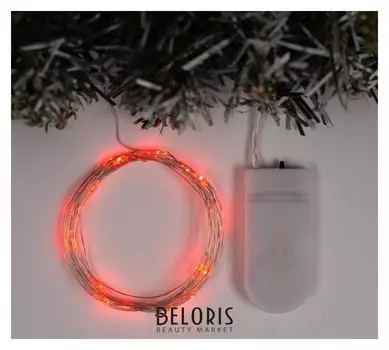 Гирлянда "Нить" 2 м роса, Ip20, серебристая нить, 20 Led, свечение красное, фиксинг, 2 х Cr2032