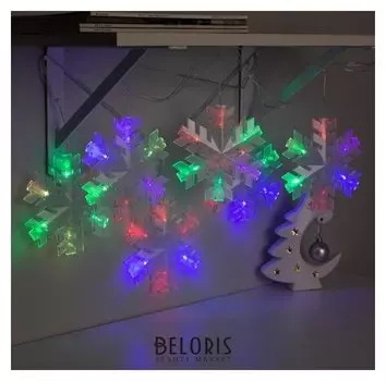 Гирлянда "Нить"2 м с насадками"снежинка матовая", Ip20, прозрачная нить, 36 Led, свечение Rg/rb, мигание, 220 В