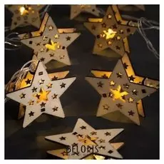 Гирлянда "Нить"4.5 м с деревянными насадками"звезда со звёздами", Ip20, прозрачная нить, 20 Led, свечение тёплое белое, фиксинг, 220 В