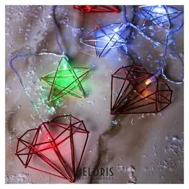 Гирлянда "Нить"4 м с насадками"звезда и сердце", Ip20, прозрачная нить, 20 Led, свечение мульти, 8 режимов, 220 В