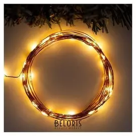 Гирлянда "Нить" 5 м роса, Ip20, медная нить, 50 Led, свечение тёплое белое, 2 режима, 3 х AA