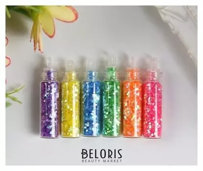 Глиттер набор 6 бутылочек "Хлопья пастель", вес глиттера в 1 бут - 1 гр