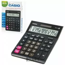 Калькулятор настольный CASIO GR-16-W (209х155 мм), 16 разрядов, двойное питание, черный, европодвес