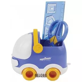 Канцелярский детский набор Юнландия "Автомобиль", 4 предмета: подставка, линейка со скрепками, ножницы, ластик, цвет синий, блист.