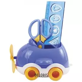 Канцелярский детский набор Юнландия "Самолет", 4 предмета: подставка, линейка со скрепками, ножницы, ластик, цвет - синий, блистер