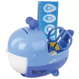 Канцелярский детский набор юнландия "Кит", 4 предмета: подставка, линейка со скрепками, ножницы, ластик, цвет - синий, блистер, 236955