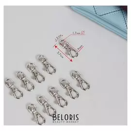 Карабин металлический, 37 × 12 мм / 9 × 1,7 мм, 10 шт, цвет серебряный