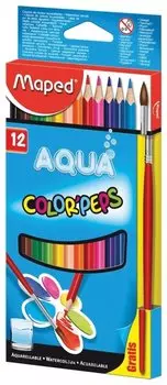 Карандаши цветные акварельные Maped (Франция) "Color Pep's", 12 цветов + кисть, 2,9 мм, европодвес