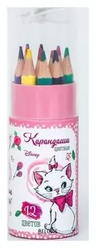 Карандаши цветные с точилкой в тубусе мини, 12 цветов, "Мари", коты аристократы