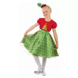 Карнавальный костюм "Ёлочка в горошек", платье, ободок, р-р 32, рост 128 см