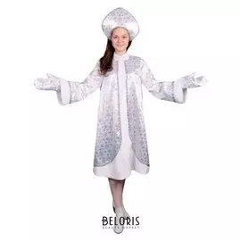 Карнавальный костюм "Снегурочка", атлас, шуба расклешённая со снежинками, кокошник, варежки, р-р 46