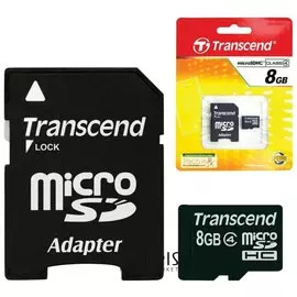 Карта памяти micro SDHC, 8 GB, TRANSCEND, 4 Мб/сек. (class 4), с адаптером