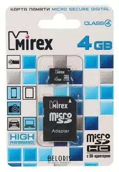 Карта памяти Mirex Microsd, 4 Гб, Sdhc, класс 4, с адаптером SD