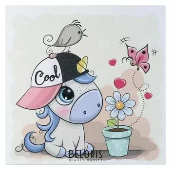 Картина "Единорог с цветком" 35х35 см