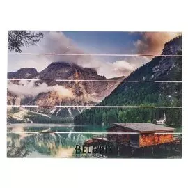 Картина на дереве "Домик в горах" 30х40 см